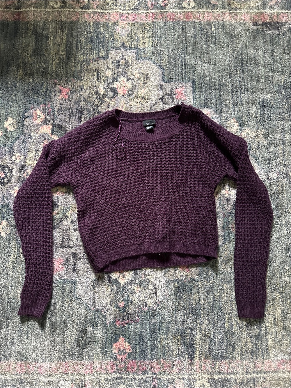Rue21 Plum Textured Cropped Crewneck Sweater Size Small Trending Color Cozy Chic